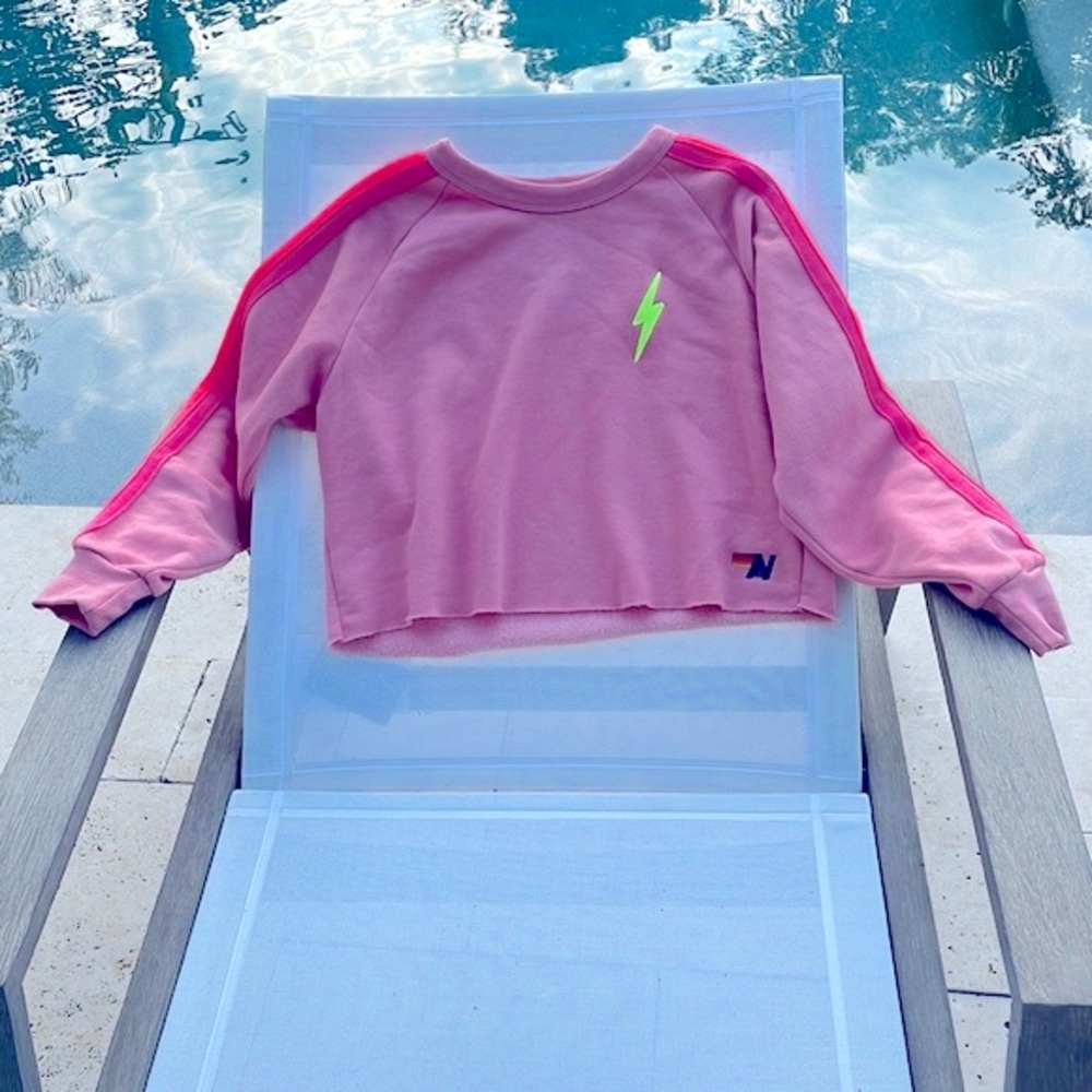 AVIATOR NATION BOLT EMBROIDERY NEON STRIPE CROPPED CLASSIC CREW SWEATSHIRT/SMALL